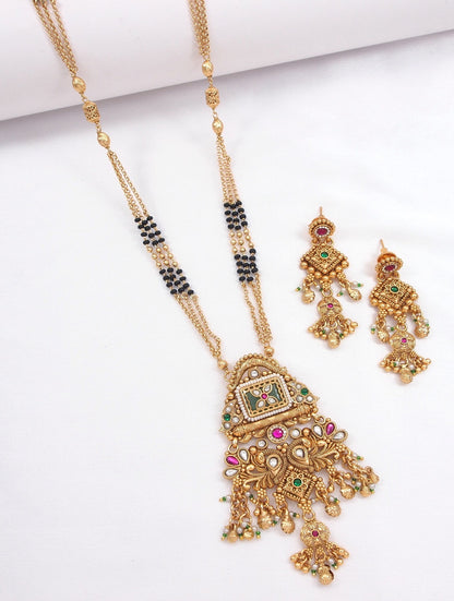 Ethnic Designer Gold Plated Black Bead Mangalsutra Set with Ruby & Emerald Coloured Stones