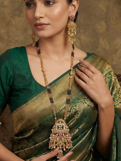 Ethnic Designer Gold Plated Black Bead Mangalsutra Set with Ruby & Emerald Coloured Stones