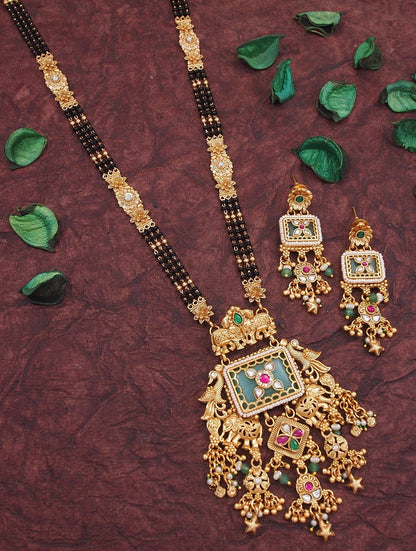 Heritage Gold Plated Black Bead Mangalsutra Set with Ruby & Emerald Coloured Stones