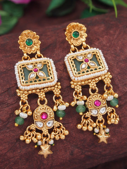 Heritage Gold Plated Black Bead Mangalsutra Set with Ruby & Emerald Coloured Stones