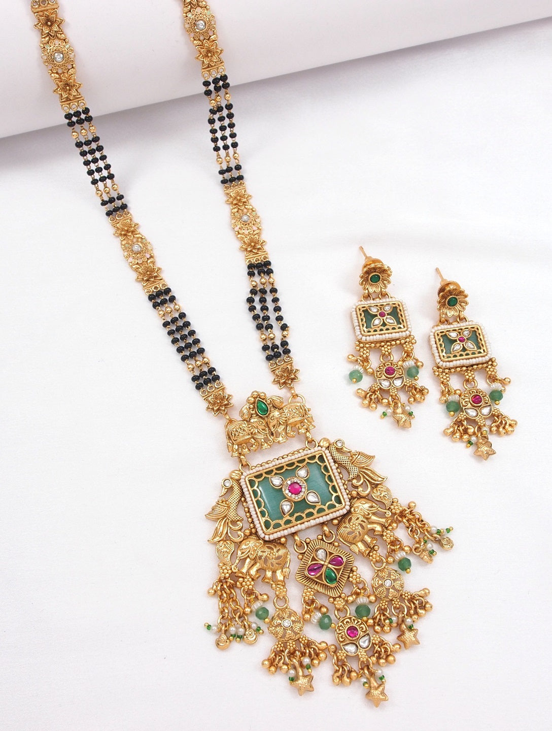 Heritage Gold Plated Black Bead Mangalsutra Set with Ruby & Emerald Coloured Stones