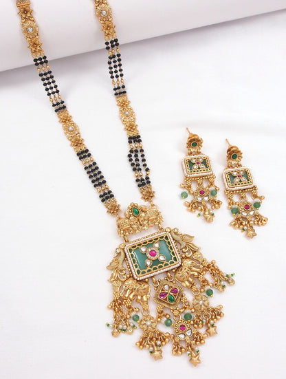 Heritage Gold Plated Black Bead Mangalsutra Set with Ruby & Emerald Coloured Stones