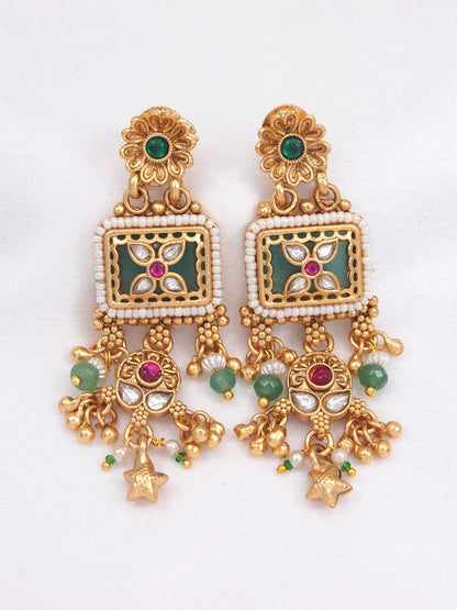 Heritage Gold Plated Black Bead Mangalsutra Set with Ruby & Emerald Coloured Stones