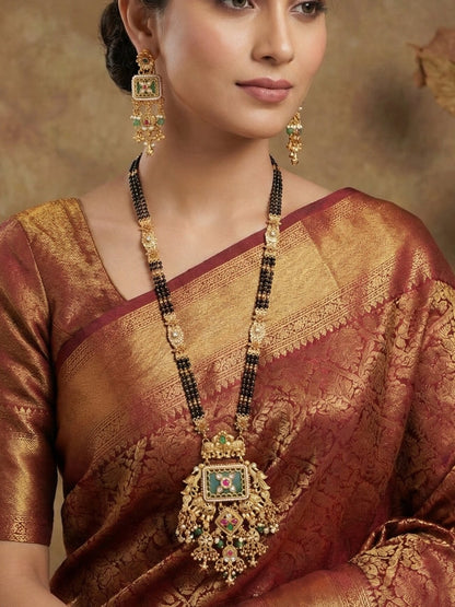 Heritage Gold Plated Black Bead Mangalsutra Set with Ruby & Emerald Coloured Stones