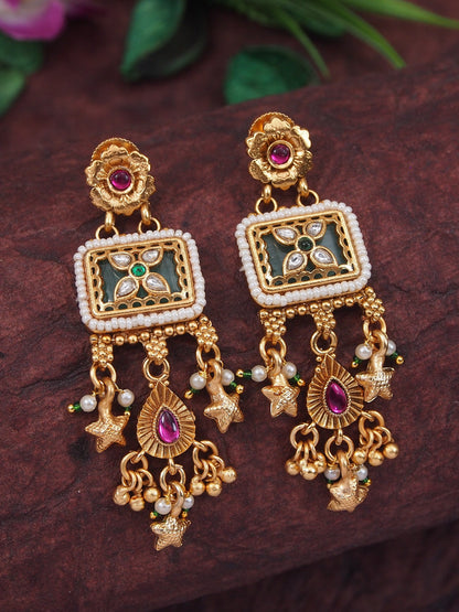 Ethnic Gold Plated Black Bead Mangalsutra Set with Ruby & Emerald Coloured Stones