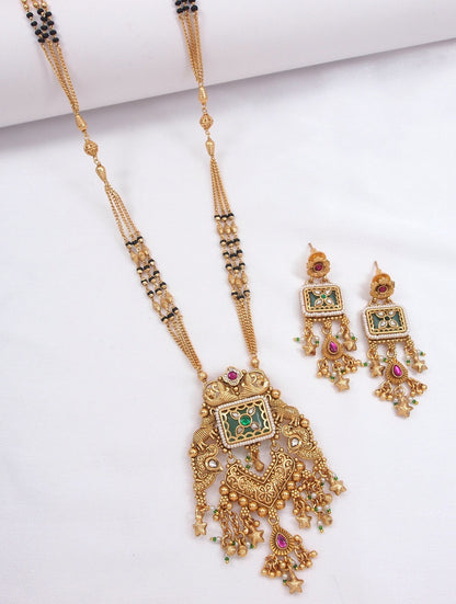 Ethnic Gold Plated Black Bead Mangalsutra Set with Ruby & Emerald Coloured Stones