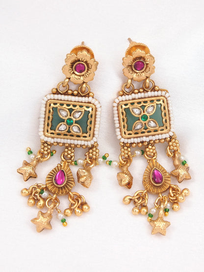 Ethnic Gold Plated Black Bead Mangalsutra Set with Ruby & Emerald Coloured Stones