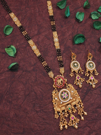 Orna Gold Plated Black Bead Mangalsutra Set with Ruby & Emerald Coloured Stones