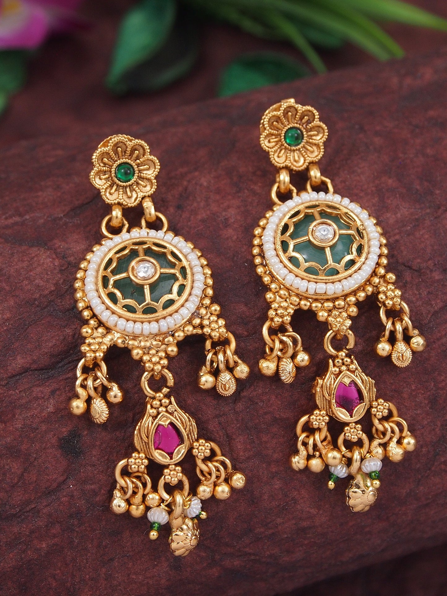 Orna Gold Plated Black Bead Mangalsutra Set with Ruby & Emerald Coloured Stones