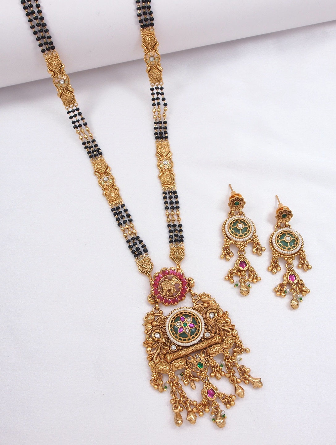 Orna Gold Plated Black Bead Mangalsutra Set with Ruby & Emerald Coloured Stones