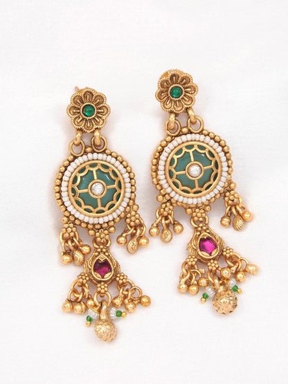 Orna Gold Plated Black Bead Mangalsutra Set with Ruby & Emerald Coloured Stones