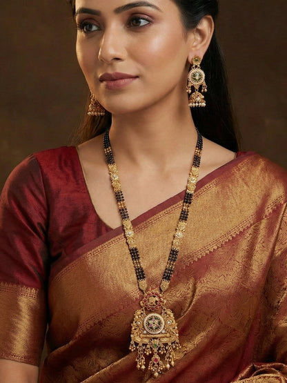 Orna Gold Plated Black Bead Mangalsutra Set with Ruby & Emerald Coloured Stones