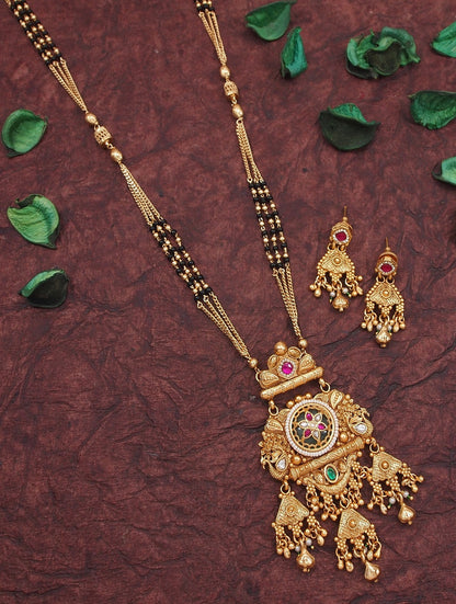 Traditional Gold Plated Black Bead Mangalsutra Set with Ruby & Emerald Coloured Stones