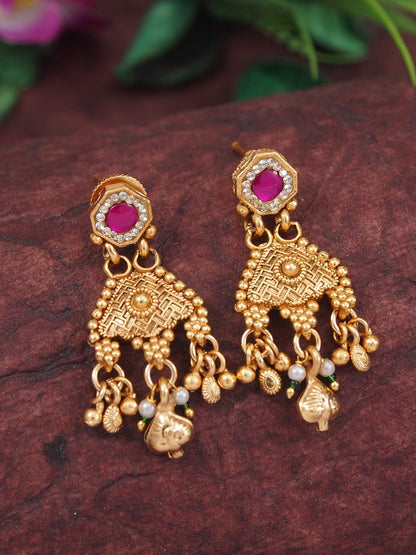 Traditional Gold Plated Black Bead Mangalsutra Set with Ruby & Emerald Coloured Stones