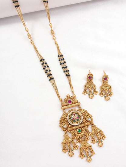 Traditional Gold Plated Black Bead Mangalsutra Set with Ruby & Emerald Coloured Stones