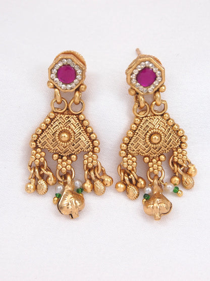 Traditional Gold Plated Black Bead Mangalsutra Set with Ruby & Emerald Coloured Stones