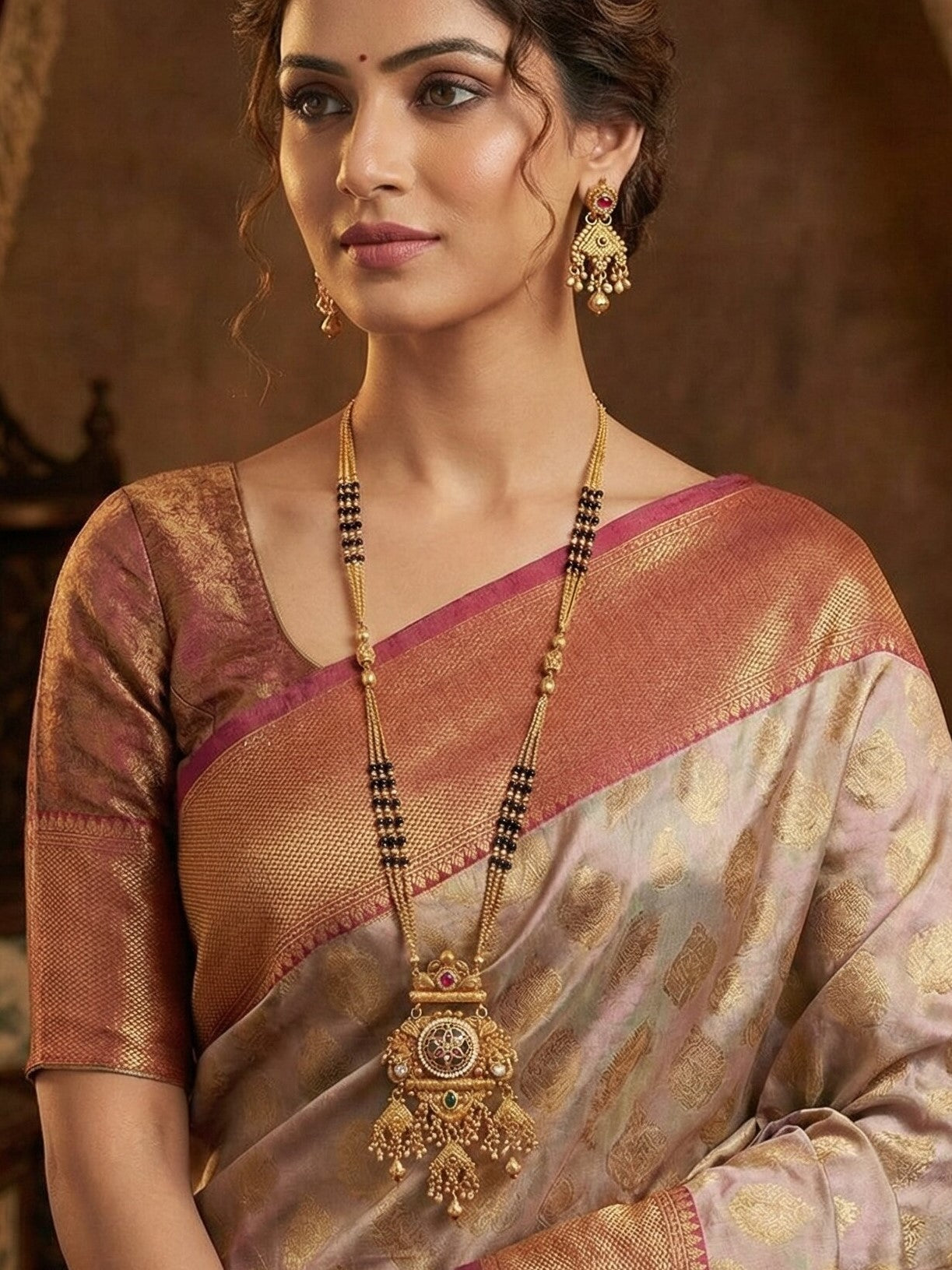 Traditional Gold Plated Black Bead Mangalsutra Set with Ruby & Emerald Coloured Stones