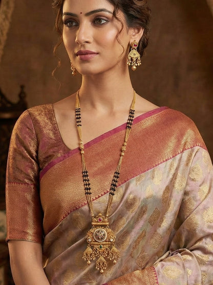 Traditional Gold Plated Black Bead Mangalsutra Set with Ruby & Emerald Coloured Stones