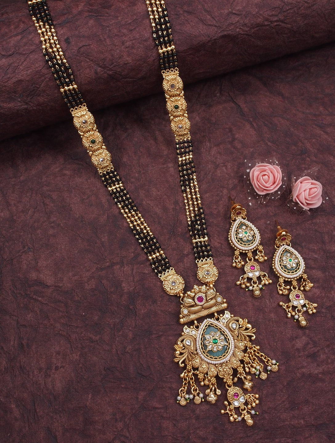 Traditional Gold-Plated Long Mangalsutra Necklace Set with Matching Drop Earrings