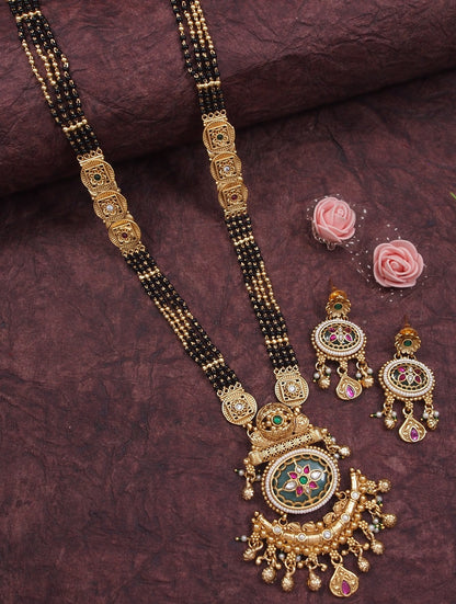 Heritage Gold-Plated Long Mangalsutra Necklace Set with Matching Drop Earrings