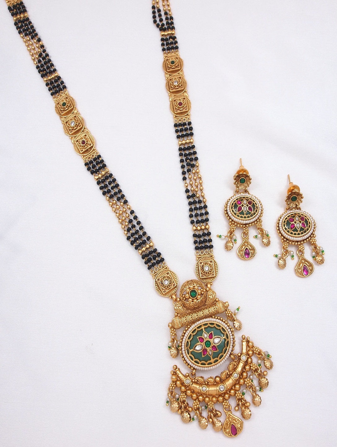 Heritage Gold-Plated Long Mangalsutra Necklace Set with Matching Drop Earrings