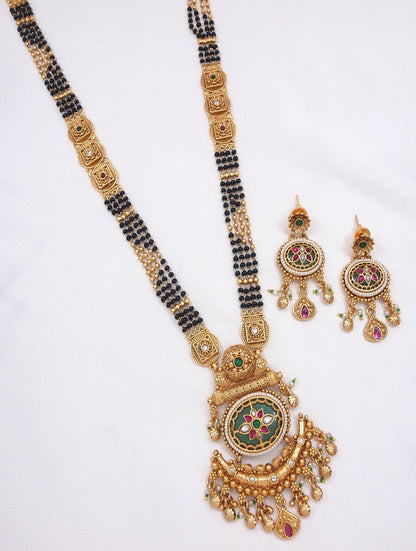 Heritage Gold-Plated Long Mangalsutra Necklace Set with Matching Drop Earrings