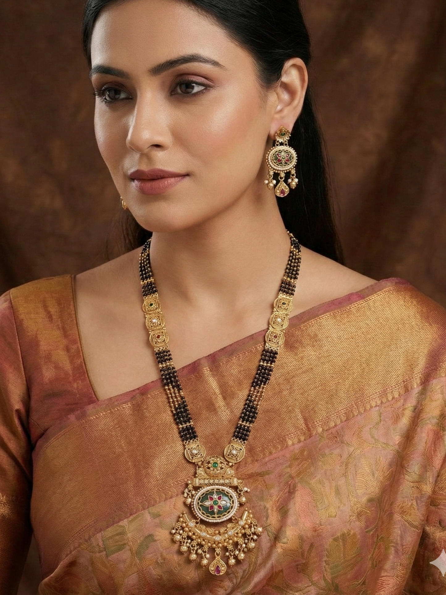 Heritage Gold-Plated Long Mangalsutra Necklace Set with Matching Drop Earrings