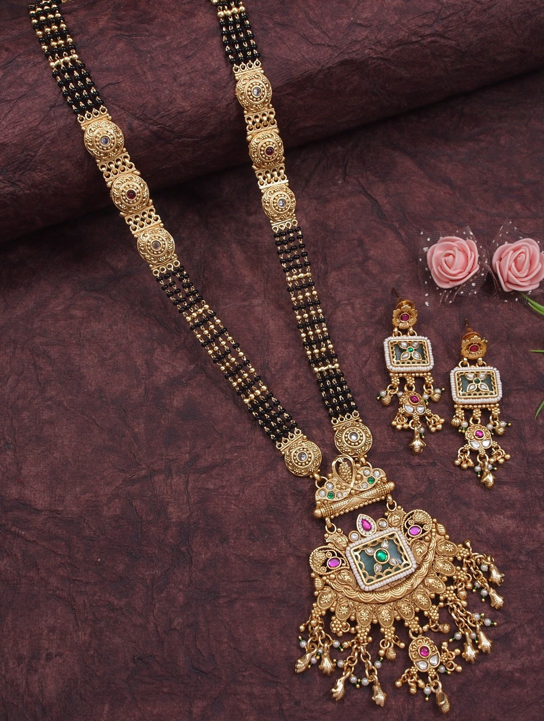 Etnic Gold-Plated Long Mangalsutra Necklace Set with Matching Drop Earrings