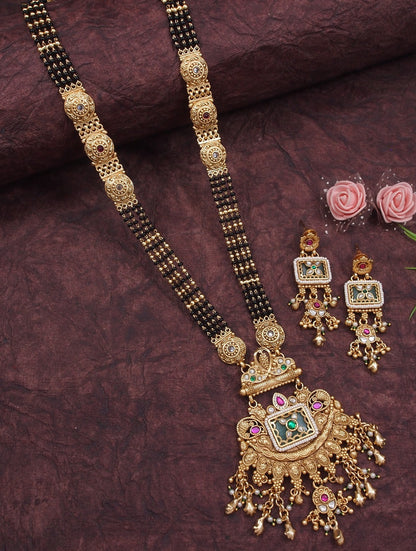 Etnic Gold-Plated Long Mangalsutra Necklace Set with Matching Drop Earrings