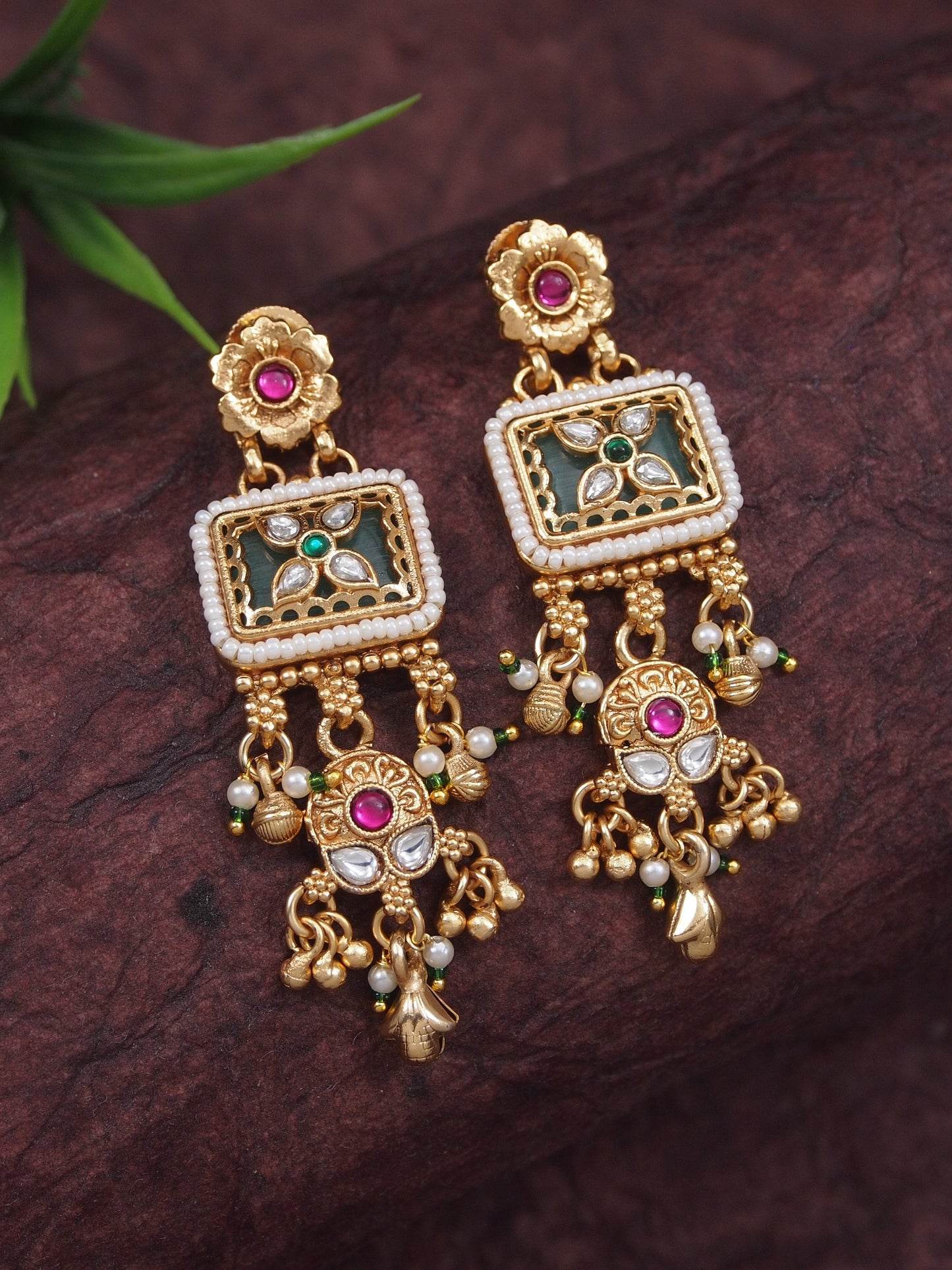 Etnic Gold-Plated Long Mangalsutra Necklace Set with Matching Drop Earrings