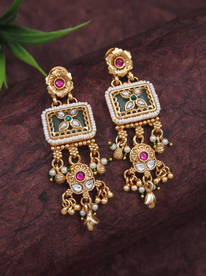 Etnic Gold-Plated Long Mangalsutra Necklace Set with Matching Drop Earrings
