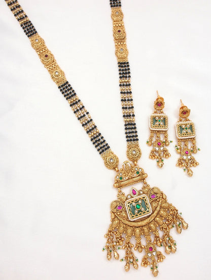 Etnic Gold-Plated Long Mangalsutra Necklace Set with Matching Drop Earrings