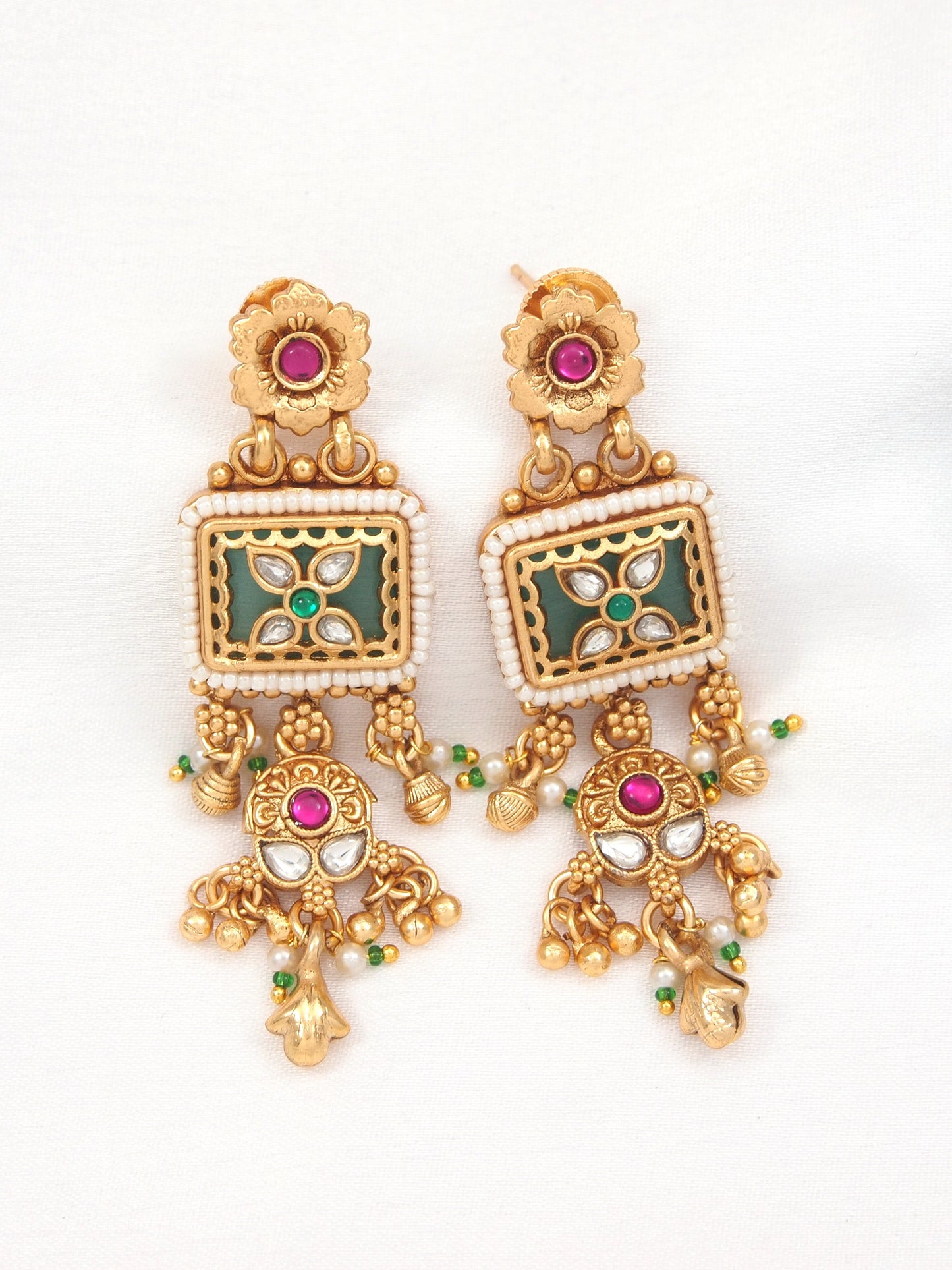 Etnic Gold-Plated Long Mangalsutra Necklace Set with Matching Drop Earrings