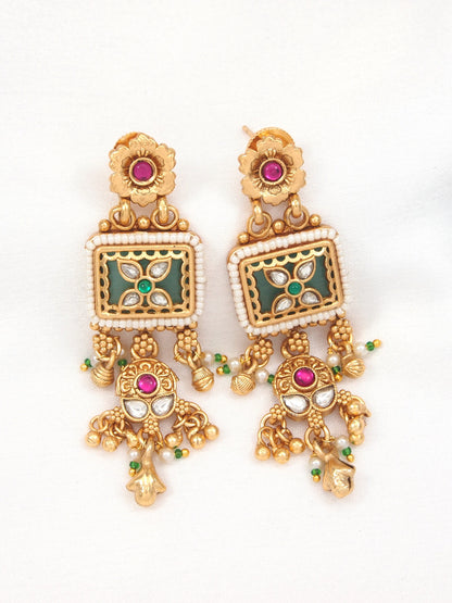 Etnic Gold-Plated Long Mangalsutra Necklace Set with Matching Drop Earrings