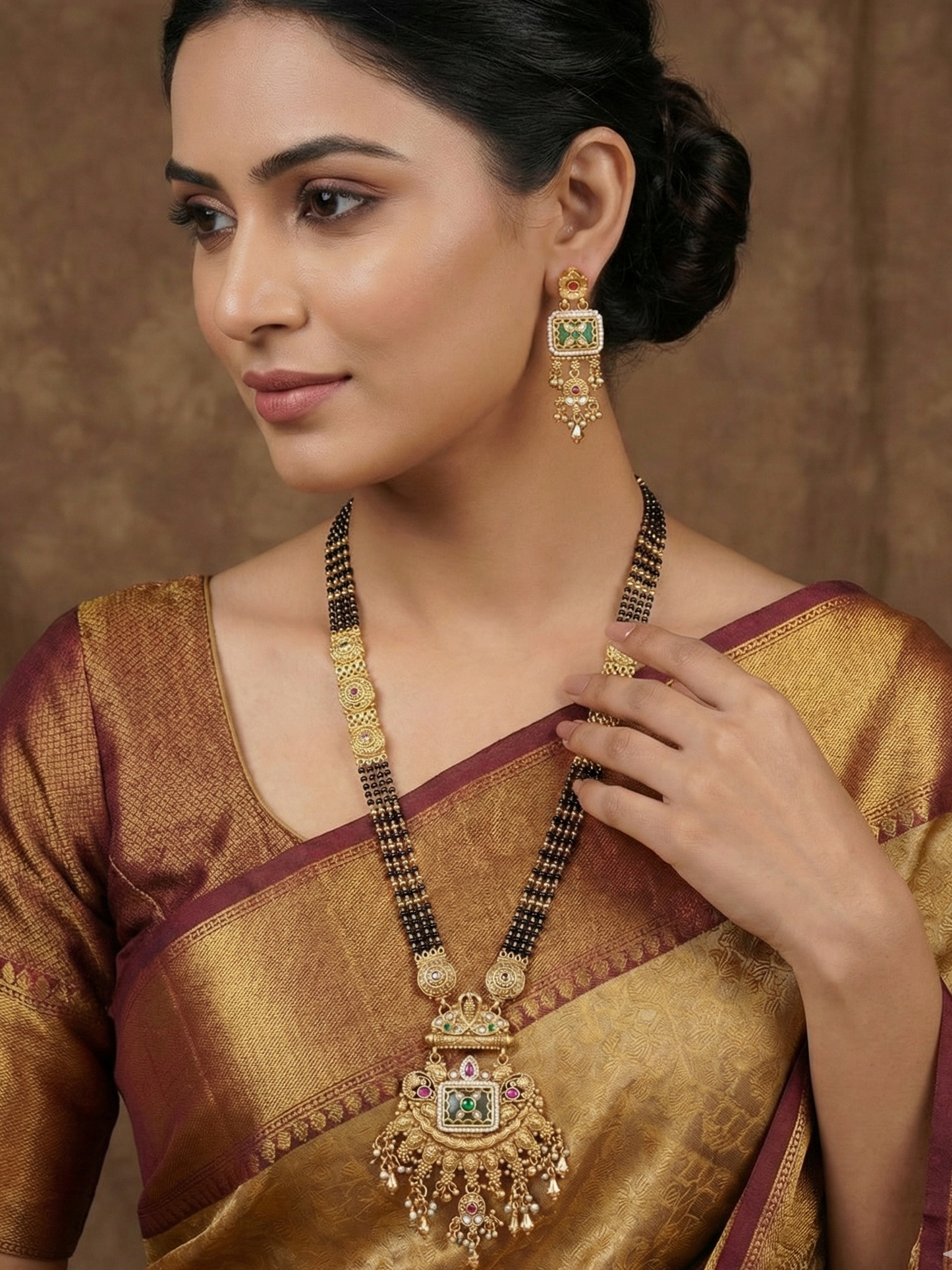 Etnic Gold-Plated Long Mangalsutra Necklace Set with Matching Drop Earrings