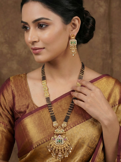 Etnic Gold-Plated Long Mangalsutra Necklace Set with Matching Drop Earrings