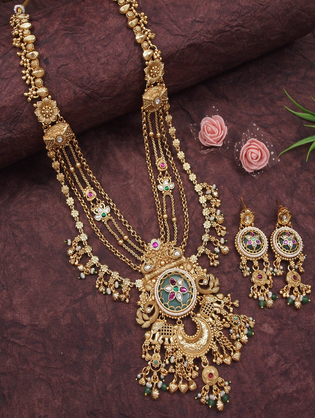 Women Heritage Rani Haar Long Necklace Set with Earrings – Antique Gold Plated