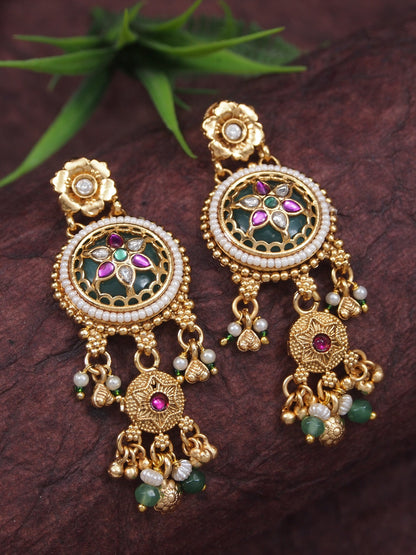 Women Heritage Rani Haar Long Necklace Set with Earrings – Antique Gold Plated