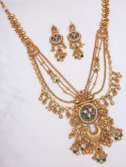 Women Heritage Rani Haar Long Necklace Set with Earrings – Antique Gold Plated