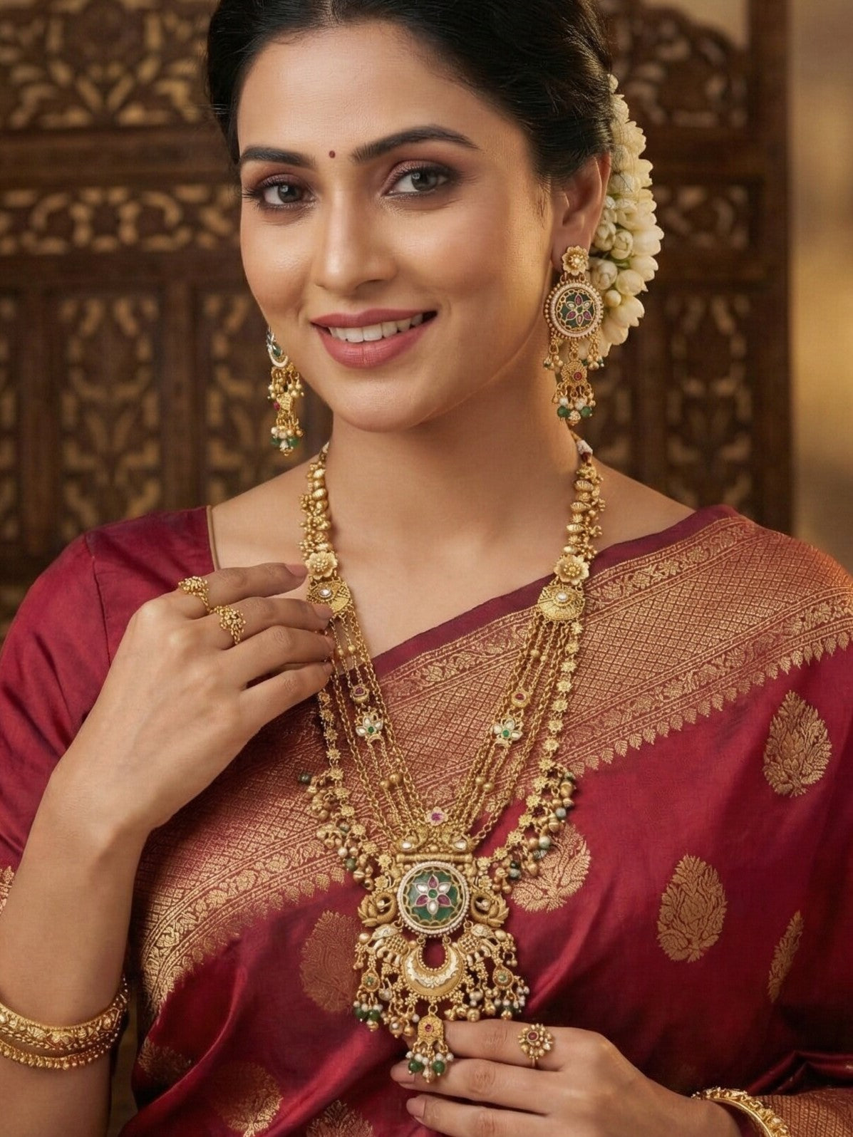 Women Heritage Rani Haar Long Necklace Set with Earrings – Antique Gold Plated