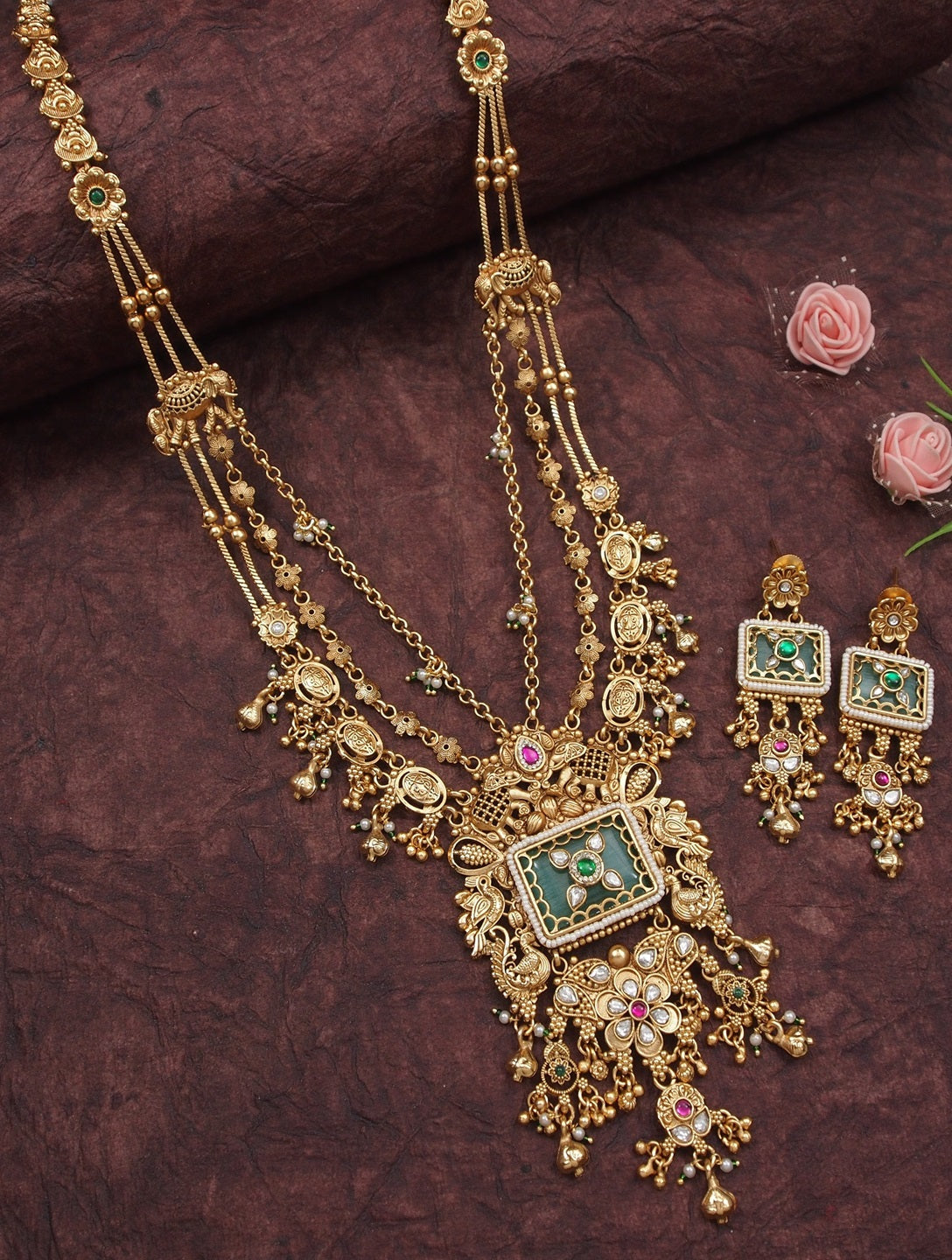 Ethnic Royal Heritage Antique Gold-Toned Brass Rani Haar Necklace Set with Earrings