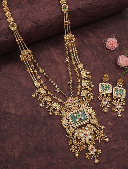 Ethnic Royal Heritage Antique Gold-Toned Brass Rani Haar Necklace Set with Earrings
