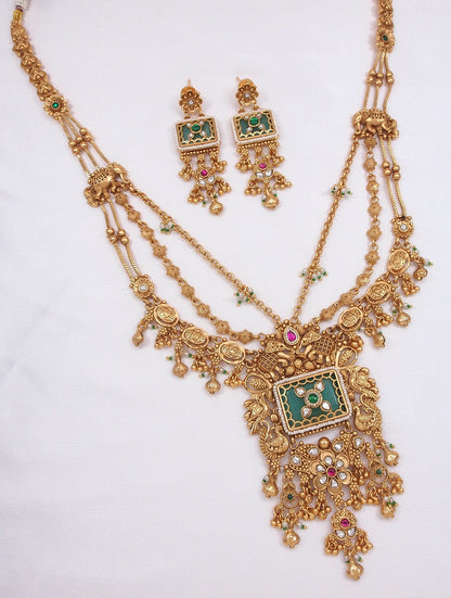 Ethnic Royal Heritage Antique Gold-Toned Brass Rani Haar Necklace Set with Earrings