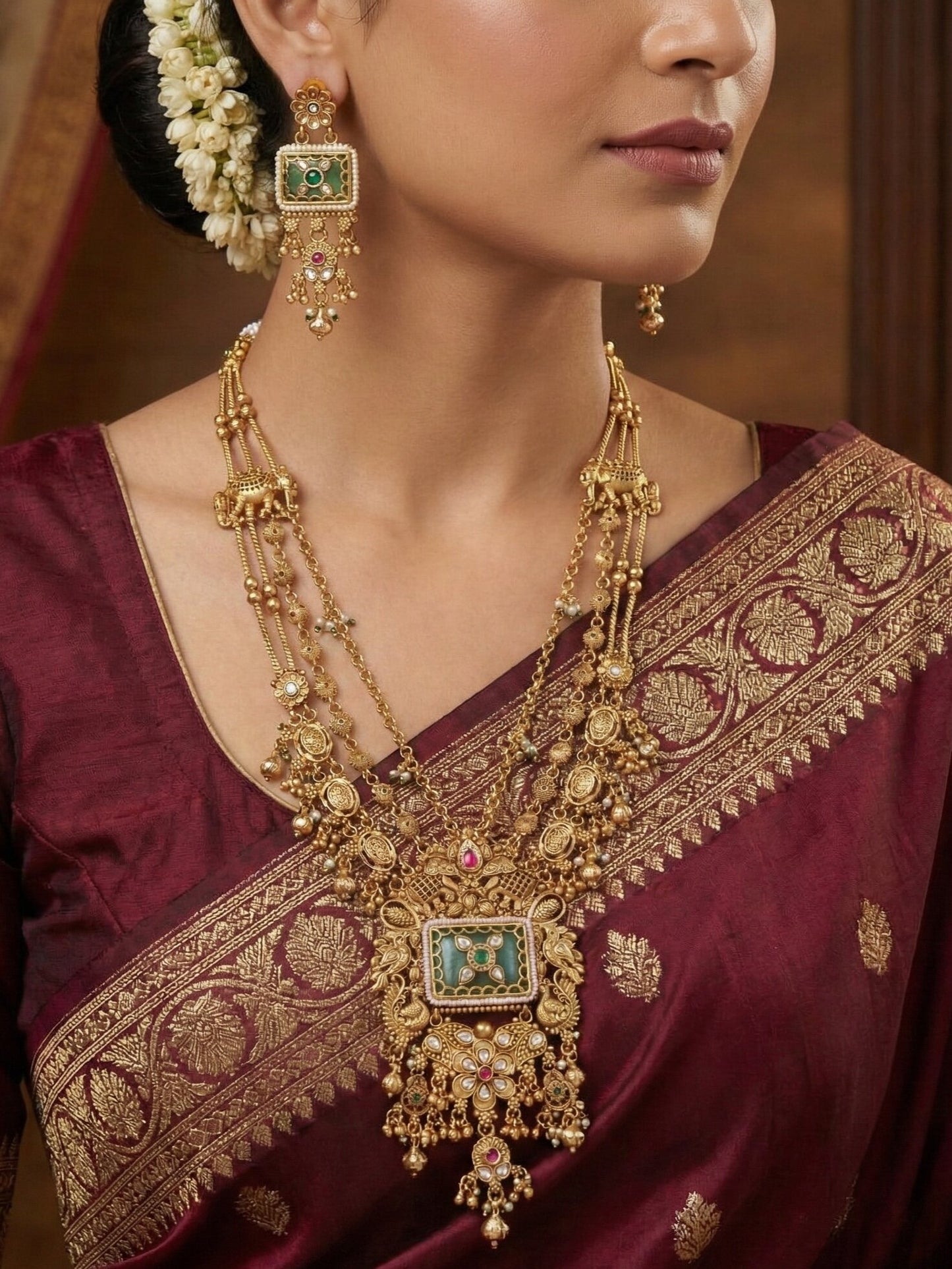 Ethnic Royal Heritage Antique Gold-Toned Brass Rani Haar Necklace Set with Earrings