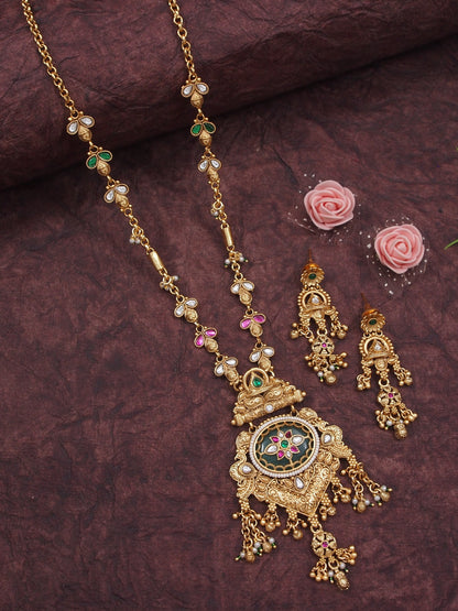Ethnic Temple Style Gold-Plated Long Haram Necklace & Earring Set with Green & Red Stones