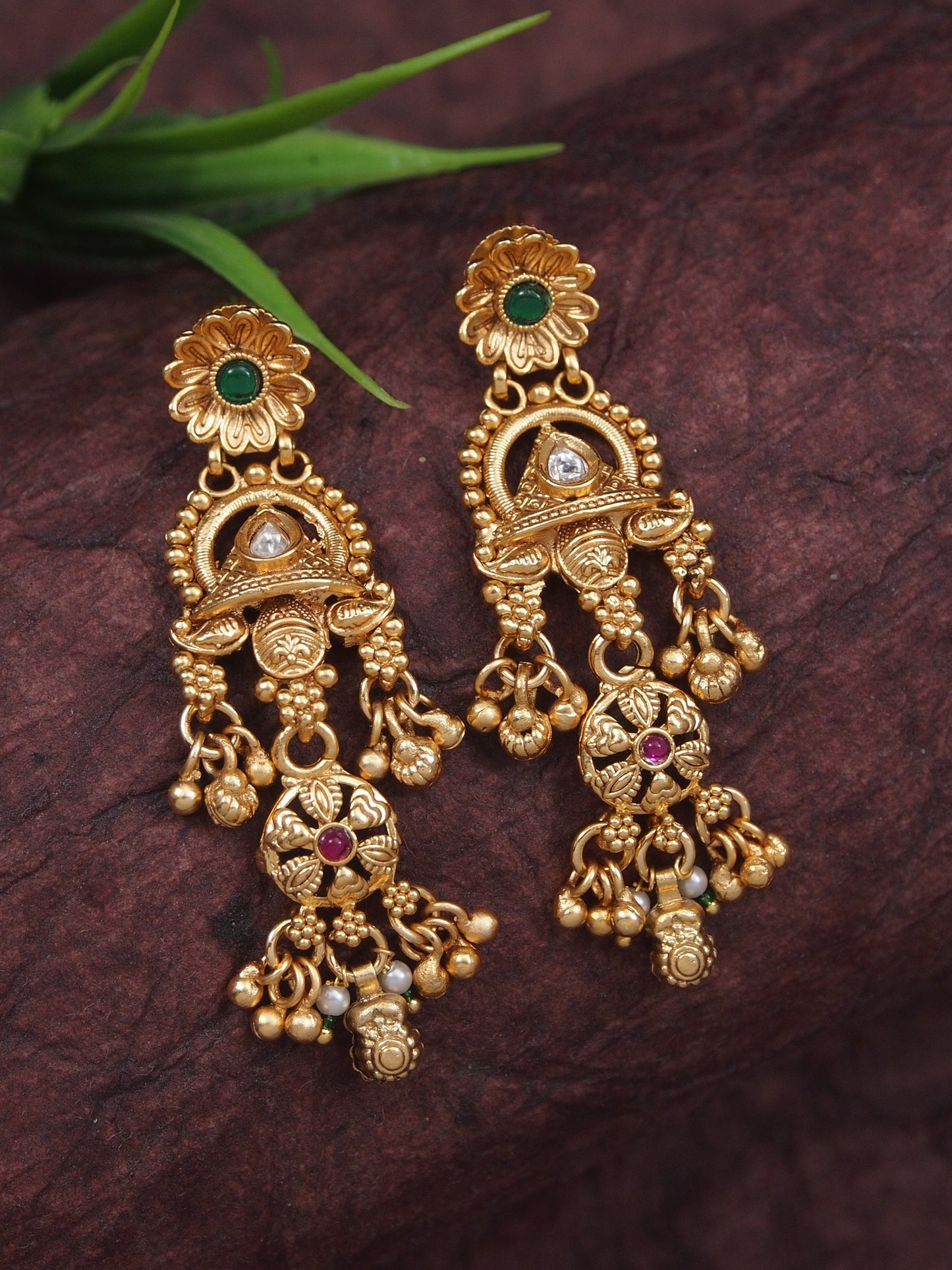 Ethnic Temple Style Gold-Plated Long Haram Necklace & Earring Set with Green & Red Stones