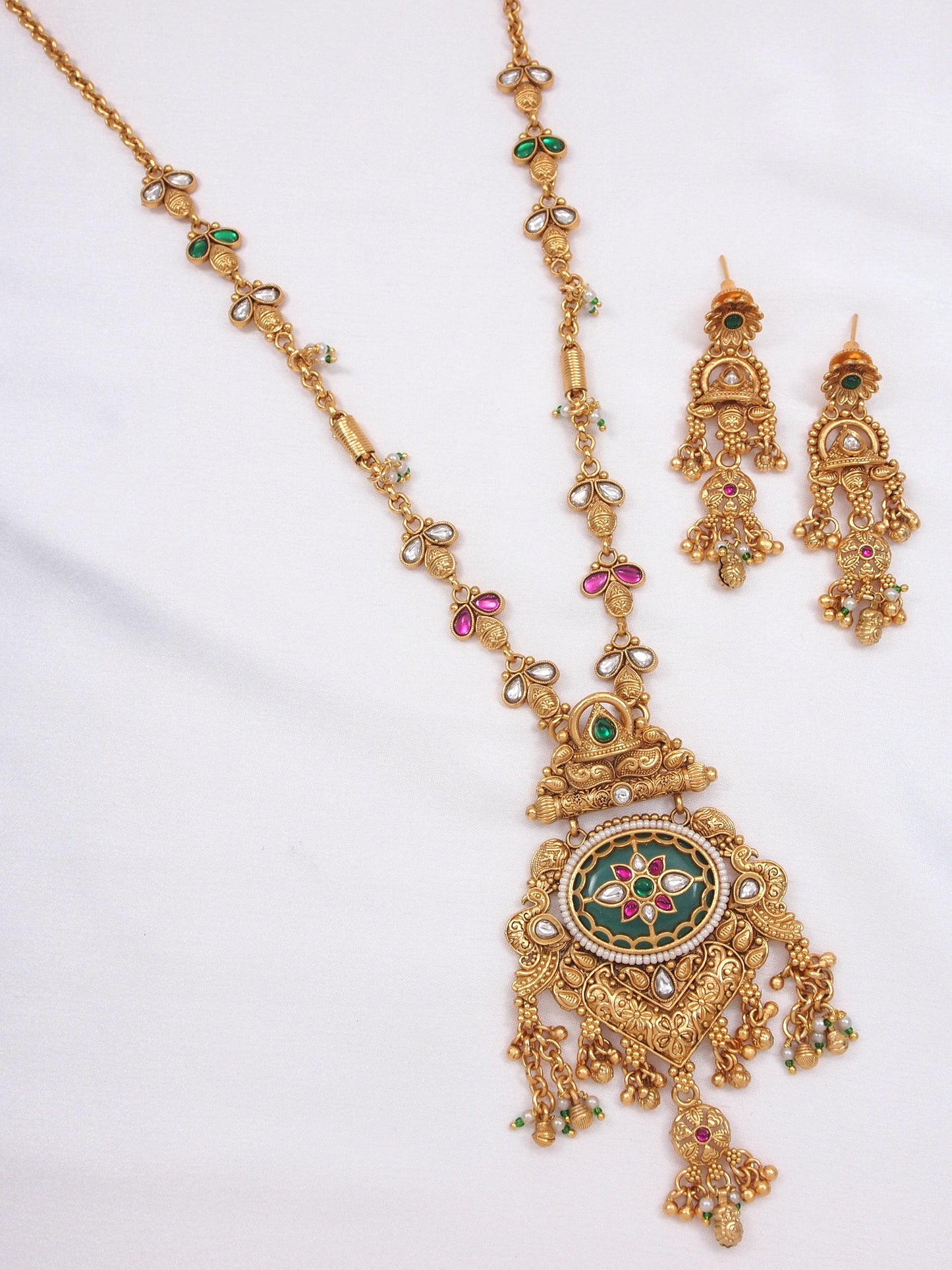 Ethnic Temple Style Gold-Plated Long Haram Necklace & Earring Set with Green & Red Stones