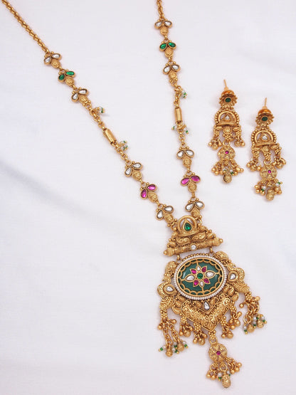 Ethnic Temple Style Gold-Plated Long Haram Necklace & Earring Set with Green & Red Stones