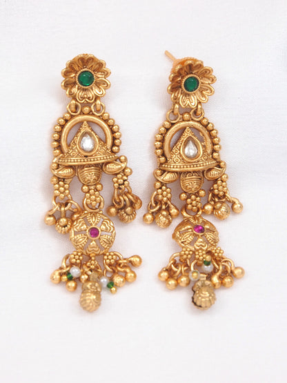 Ethnic Temple Style Gold-Plated Long Haram Necklace & Earring Set with Green & Red Stones