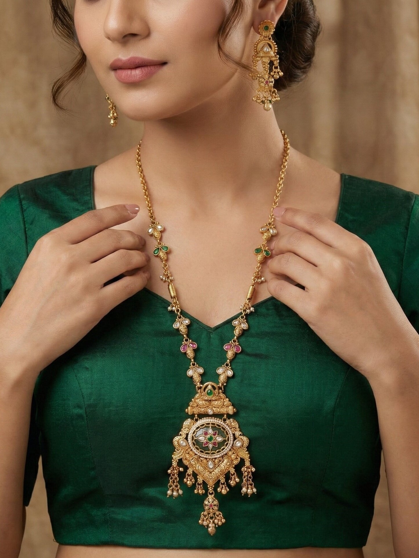 Ethnic Temple Style Gold-Plated Long Haram Necklace & Earring Set with Green & Red Stones
